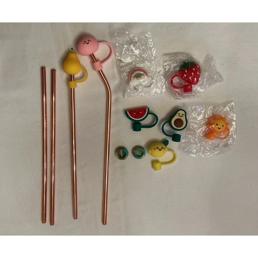 4 Red Copper Brand Stainless Steel Drinking Straws And 9 Piece Silicone Toppers